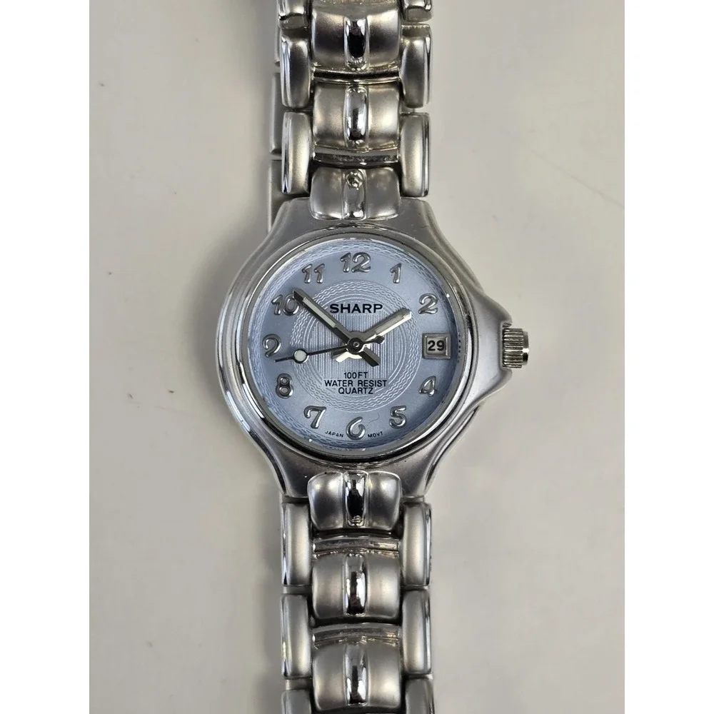 Sharp Purple Dial Date Indicator Silver Tone Round Case Linkn‎ Band Quartz Watch